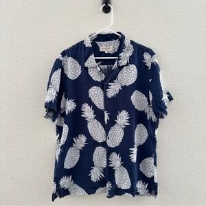 Frederik Anderson Copenhagen‎ Linen Shirt Mens XL Navy Blue Pineapple Print
